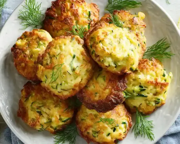 Goldbraune Zucchinipuffer, perfekt für Kinder, auf einem Teller mit Dill und Zitronenspalten garniert.