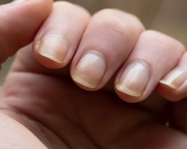 Gros plan sur des doigts montrant un ongle jaune, signe possible d'une mycose ou d'une autre affection.