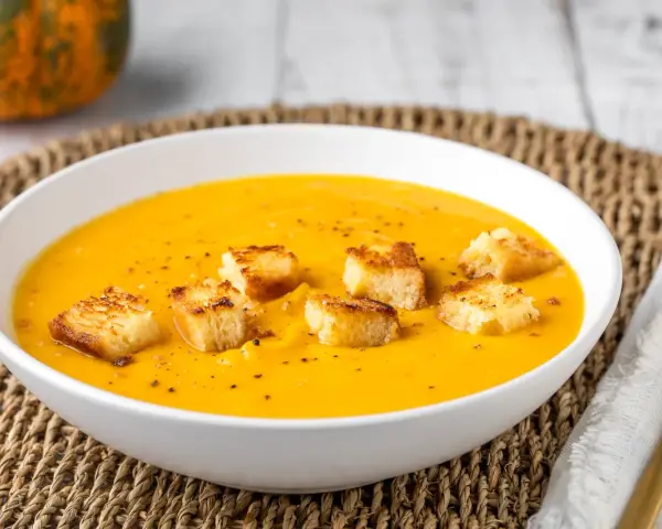 Una cremosa vellutata di zucca, guarnita con crostini dorati, pronta per essere gustata in una fredda giornata autunnale.