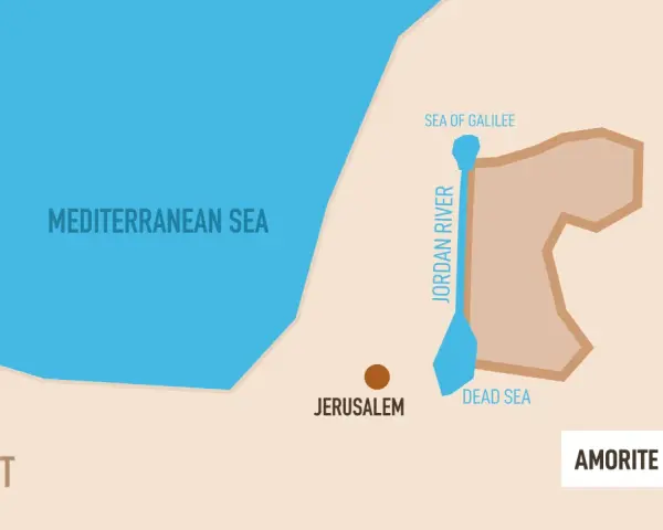 Map showing the Mediterranean Sea, Egypt, Jerusalem, the Jordan River, Sea of Galilee, Dead Sea, and the Amorite Kingdom.