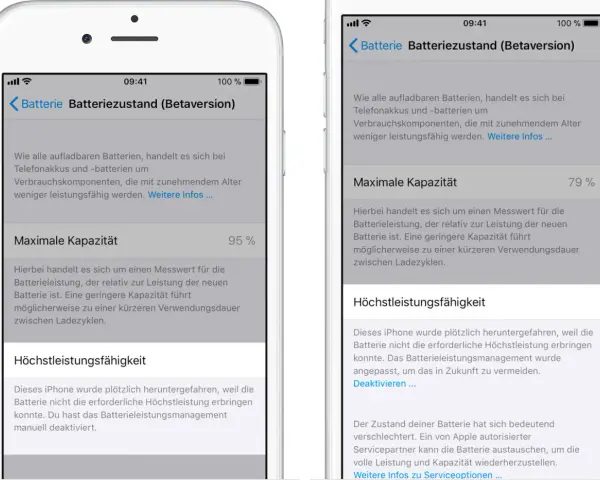 iPhone-Batteriezustand: Maximale Kapazität 79%. Die Leistung wurde wegen der Batterie angepasst.