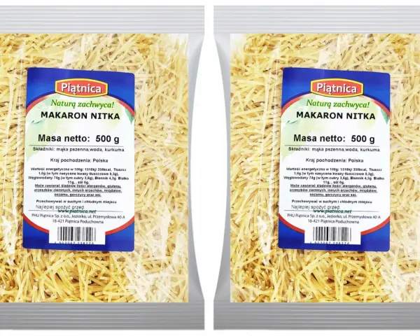 Dwa opakowania makaronu nitki Piątnica po 500g. Idealny do zup i sosów.