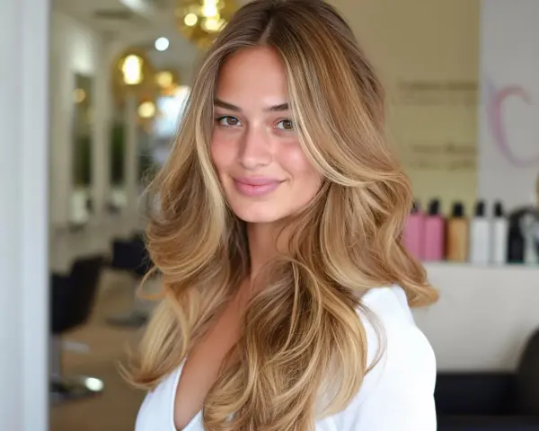 Uśmiechnięta blondynka z fryzurą butterfly cut, z falowanymi włosami w odcieniach blondu i brązu, prezentuje efektowną metamorfozę w salonie fryzjerskim.
