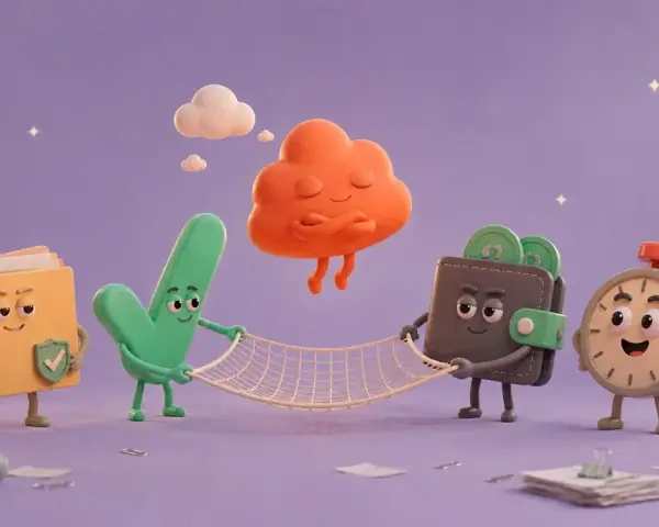 Personajes animados: carpeta, tick, nube, cartera y reloj, sostienen una red para que los autónomos tengan paro.