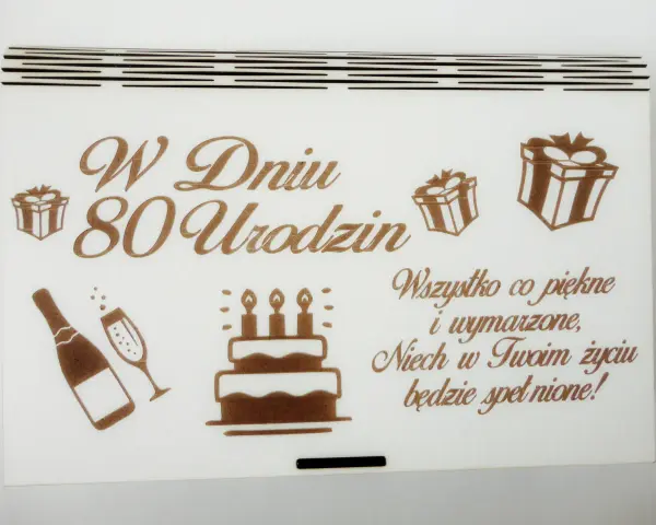 Wesołe życzenia na 80 urodziny dla mężczyzny: tort, szampan i prezenty. Niech wszystko co piękne i wymarzone w Twoim życiu będzie spełnione!