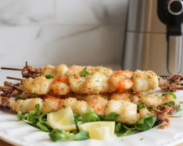 Spiedini di gamberi e calamari impanati, cotti alla perfezione nella friggitrice ad aria, serviti su un letto di insalata con spicchi di limone.