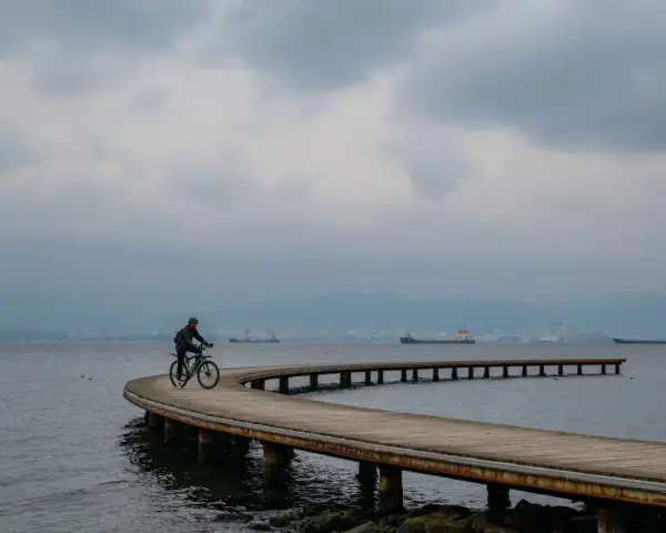 Rowerzysta przemierza malownicze trasy rowerowe nad morzem, podziwiając spokojną taflę wody i statki na horyzoncie.