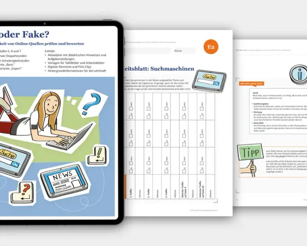 Illustration einer jungen Frau, die auf einem Laptop tippt, umgeben von Icons wie Lupe, Fragezeichen und Nachrichten.