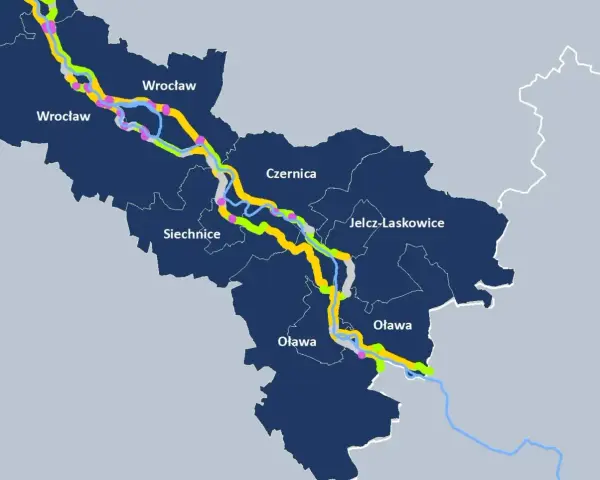 Mapa z zaznaczonymi trasami rowerowymi, w tym niebieski velo, biegnącymi przez Wrocław, Czernicę, Siechnice, Jelcz-Laskowice i Oławę.