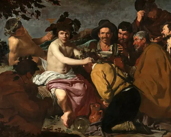 Un grupo de hombres celebra con vino, una escena típica de las pinturas del barroco. Un joven coronado de hojas parece ser el centro de atención.
