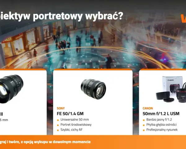 Jaki obiektyw do portretów wybrać? Poradnik prezentuje obiektywy Sony FE 85/1.4 GM II, Sony FE 50/1.4 GM i Canon 50mm f/1.2 L USM.