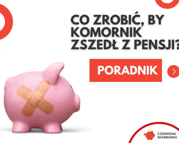Różowa świnka-skarbonka z plastrami na boku. Napis: "Co zrobić, by komornik zszedł z pensji? Poradnik". Dowiedz się, jak uniknąć komornika.