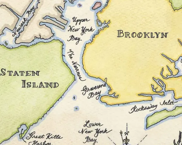 Mapa pokazuje, gdzie jest Nowy Jork: Staten Island, Brooklyn, Newark Bay i Upper New York Bay.