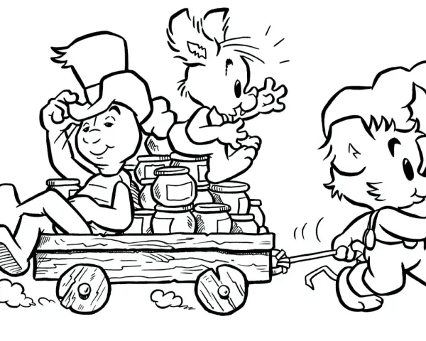 A cartoon bear pulls a wagon filled with honey jars, with a rabbit and a boy riding in it.