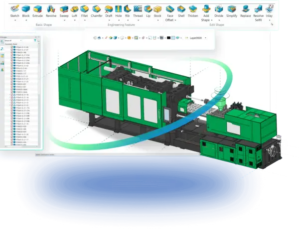 Projektowanie wtryskarki z wykorzystaniem narzędzi CAD/CAM/CAE. Widok modelu 3D z drzewem części.