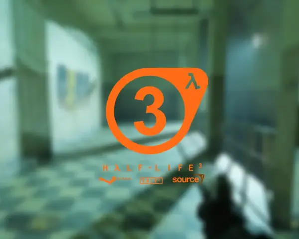 El logo de Half-Life 3, con el número 3 en naranja dentro del símbolo Lambda, sobre un fondo borroso de un pasillo.