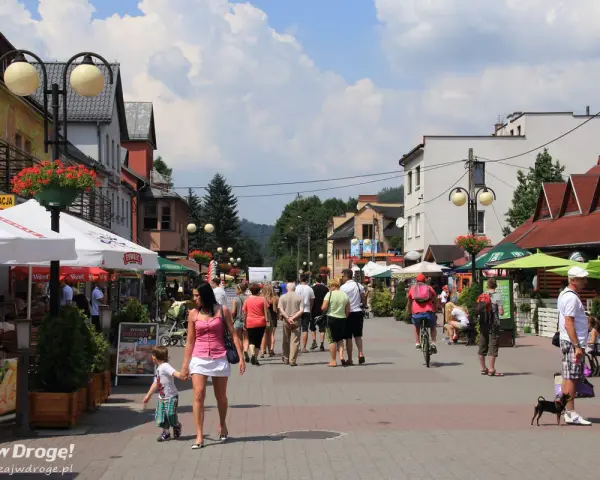 Tętniąca życiem ulica w Wiśle, pełna ludzi spacerujących, rowerzystów i psów. Wiele kawiarni i restauracji oferuje swoje atrakcje.