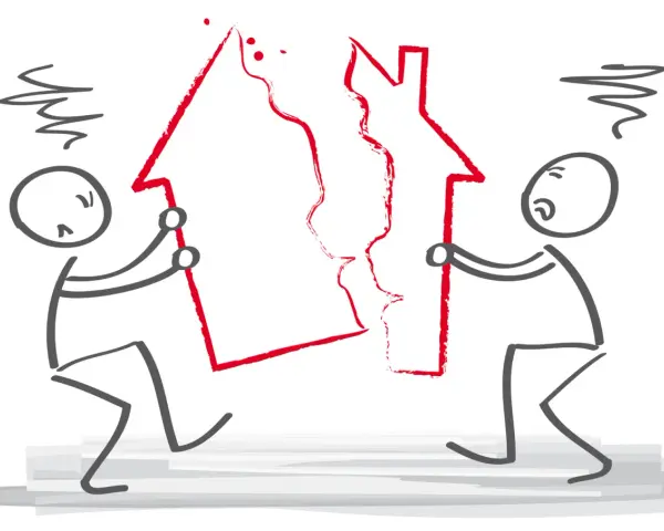 Deux personnages tentent de séparer une maison rouge, symbolisant les inconvénients d'une communauté universelle divisée.