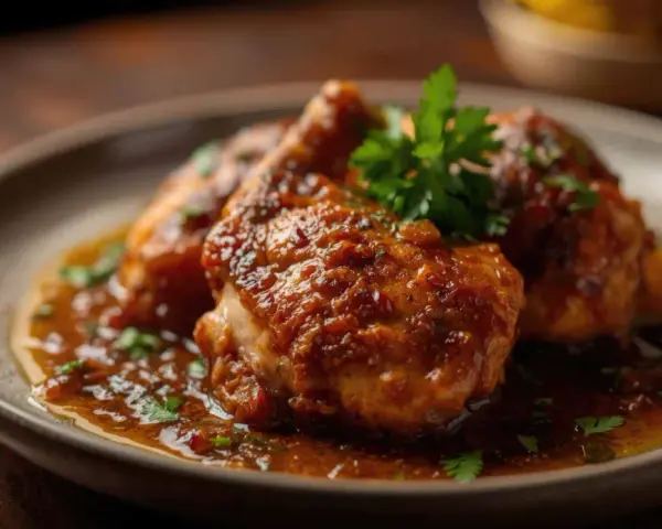 Pollo en salsa de la abuela Carmen, jugoso y cubierto de una rica salsa, servido en un plato con perejil fresco.