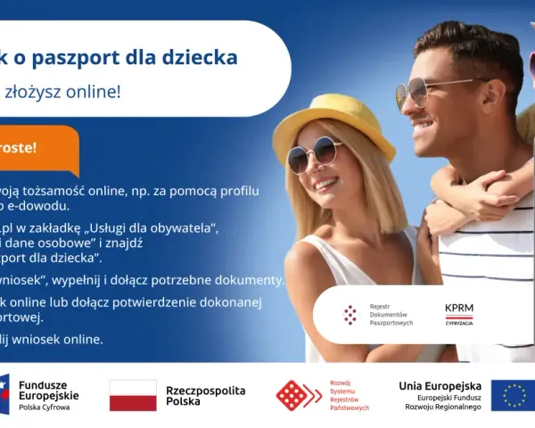 Rodzina z dzieckiem na tle nieba, z widocznym ekranem telefonu z portalem gov.pl.