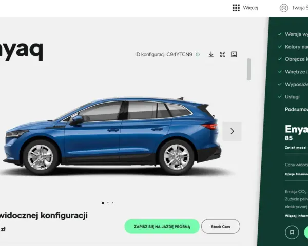 Niebieski Skoda Enyaq 85, cena widocznej konfiguracji 247 100 zł. Sprawdź aktualną skoda enyaq cena i konfigurację.