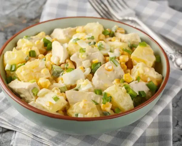 Una ciotola piena di insalata di pollo e patate, con mais, uova sode e cipollotto fresco.