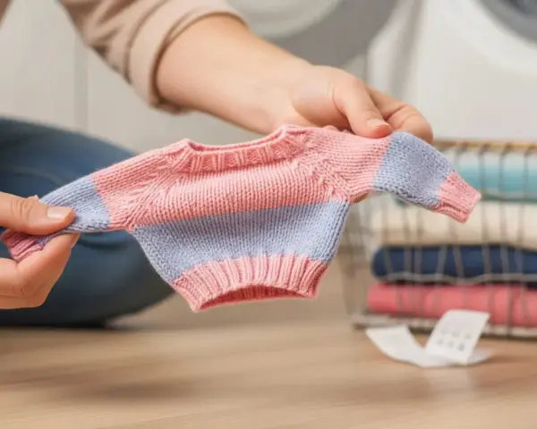 Manos sostienen un suéter diminuto, quizás para entender a qué temperatura encoge la ropa. Cerca, una cesta con ropa doblada.