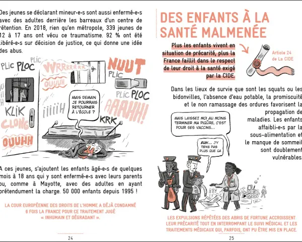 Dessin d'un enfant enfermé derrière des barreaux, puis allongé sur un lit de camp, entouré de sons et de cris.