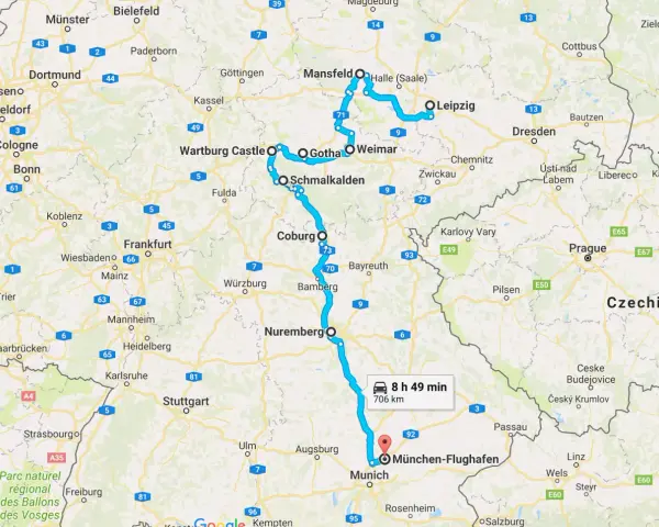 Resa i norra Tyskland: en rutt från Wartburg Castle via Leipzig till München.