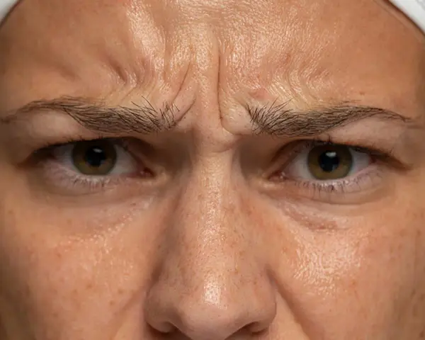 Nahaufnahme der Stirn einer Frau mit sichtbarer Zornesfalte mit 30. Die Augen sind zusammengekniffen, die Brauen nach unten gezogen.
