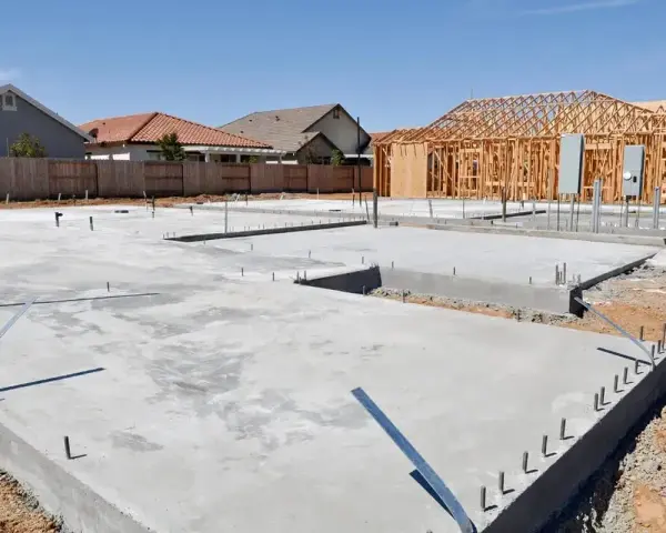 Fundament domu w budowie, widać beton na chudziaka, zbrojenie i szkielet drewniany przyszłego budynku.