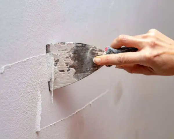Mano che raschia via pittura lavabile dal muro con una spatola, mostrando il processo di rimozione.