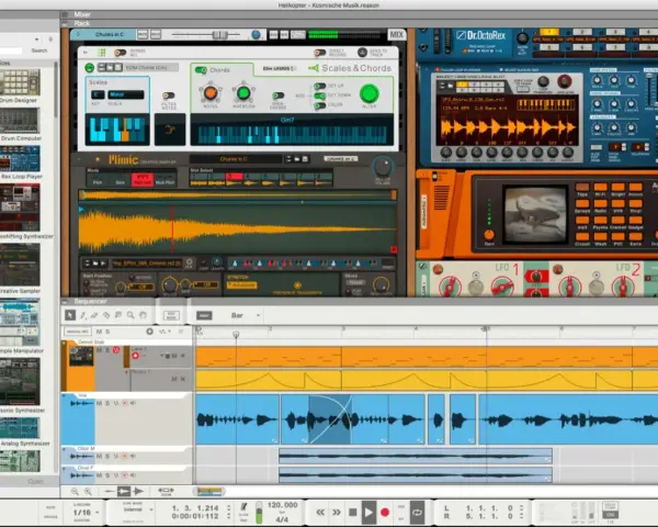 Program Reason, tworzący muzykę, z widocznymi instrumentami, samplerem i sekwencerem. Powód daw.