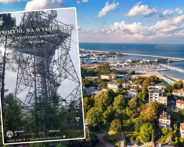 Metalowa konstrukcja przypominająca wieżę widokową, z której rozpościera się panorama Gdyni z portem i morzem.