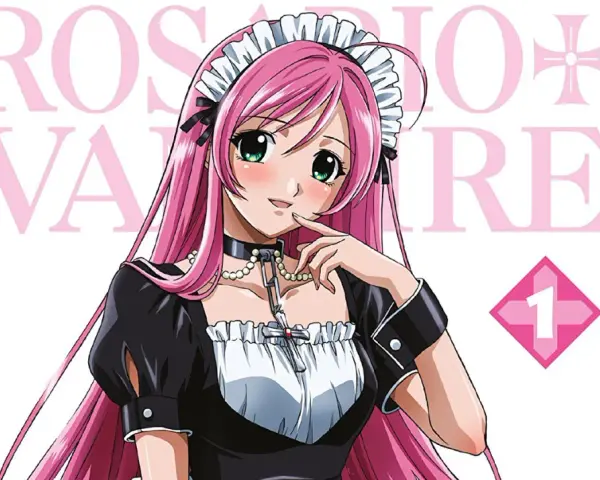 Manga-Charakter mit langen rosa Haaren, in einem Dienstmädchen-Outfit, mit einem Kreuz-Anhänger.