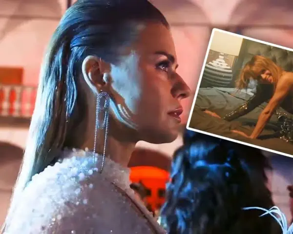 Natasza Urbańska w kadrze z jednego ze swoich filmów, w błyszczącej kreacji. W rogu zdjęcie z innej sceny.
