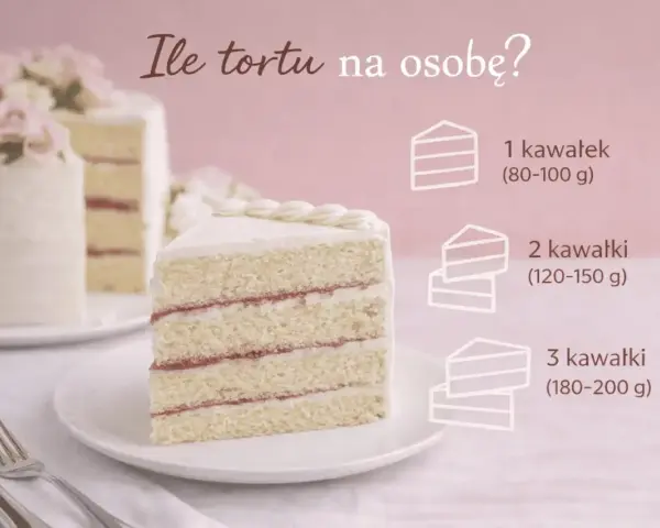 Elegancki tort na 30 osób, z różowymi kwiatami, pokrojony na porcje. Obok grafika z sugerowaną wielkością kawałków.