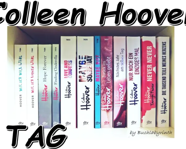 Reihe von Colleen Hoover Büchern auf einem Regal, mit Titeln wie "Never Never" und "Maybe Someday".