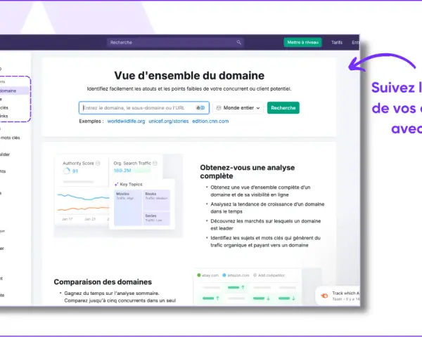 Interface SEMrush pour une analyse SEO complète. Visualisation des données de trafic et des mots clés concurrents pour un rapport SEO pro.