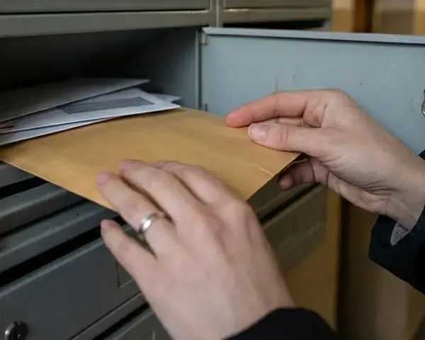 Ręce wyjmują kopertę z brązowego papieru ze skrzynki pocztowej, co może symbolizować nieodebranie nakazu zapłaty przez pozwanego.