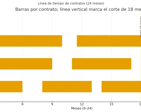 Gráfico de barras que muestra la concatenación de contratos de tres personas a lo largo de 24 meses. Una línea vertical marca el corte de 18 meses.