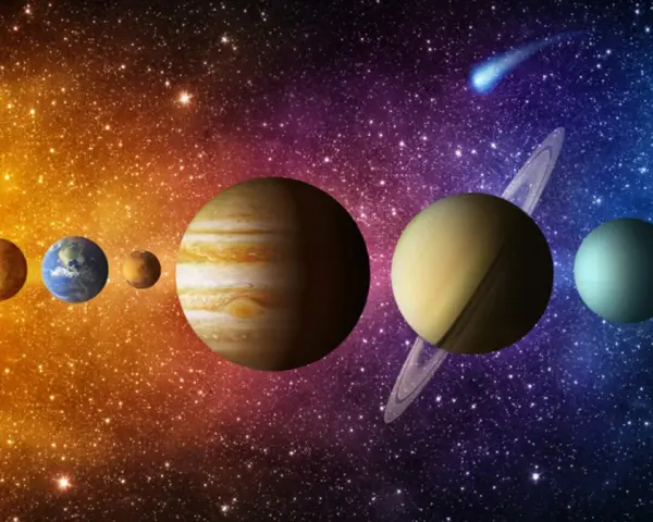 Słońce i planety Układu Słonecznego, od Merkurego po Neptuna, na tle gwieździstego nieba. W tle widać też kometę. Znaki zodiaku i ich planety w kosmicznej podróży.