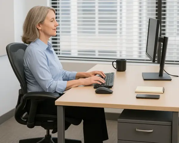 Kvinna arbetar vid datorn i en ergonomisk kontorsmiljö.