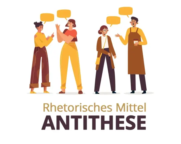 Vier Personen im Gespräch, die das rhetorische Stilmittel Antithese veranschaulichen.