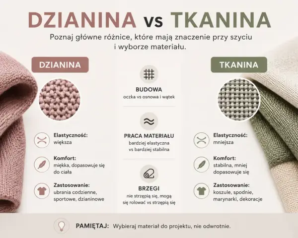 Dzianina vs tkanina: porównanie cech, budowy i zastosowań. Dzianina jest elastyczna, miękka i dopasowuje się do ciała.