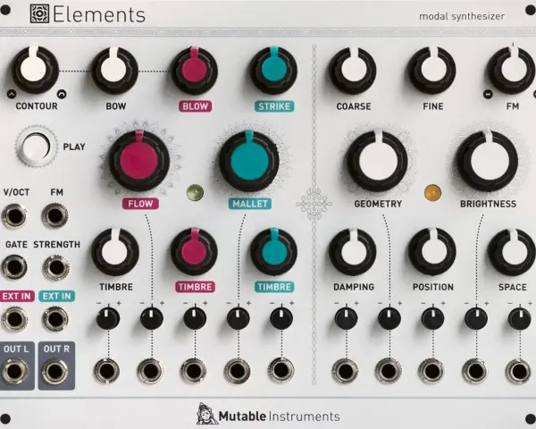 Panel syntezatora modalnego Mutable Instruments Elements z licznymi gałkami i złączami do modulacji dźwięku.