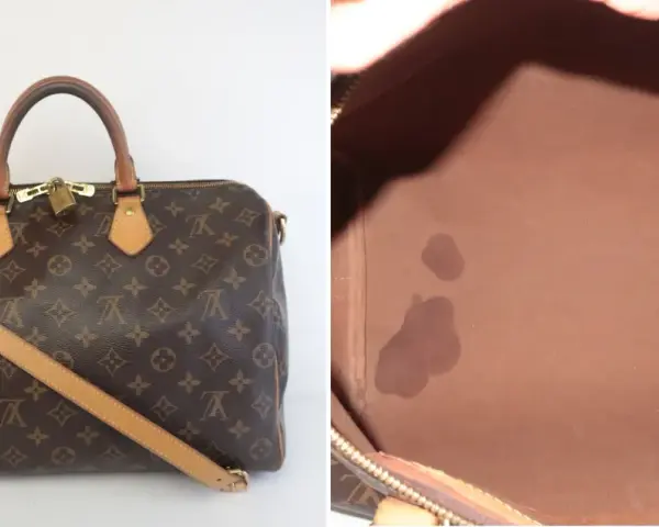 Borsa Louis Vuitton monogram con tracolla e lucchetto. Interno in tela marrone con macchie.