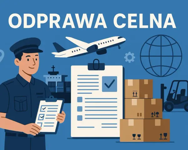 Uśmiechnięty agent celny z dokumentami, samolot, statek, globus, kartony i wózek widłowy symbolizują odprawę celną.