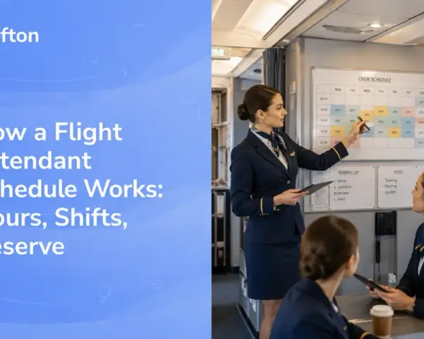 Hostess di volo discute il programma di lavoro, mostrando quanto lavora un hostess di volo tra turni e riserve.