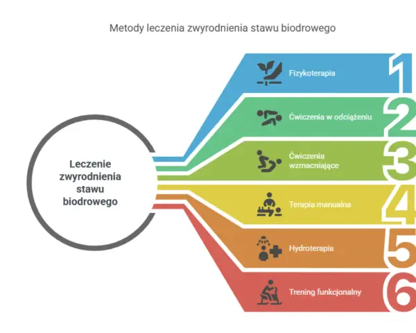 Metody leczenia zwyrodnienia stawu biodrowego: fizykoterapia, ćwiczenia w odciążeniu i wzmacniające, terapia manualna, hydroterapia, trening funkcjonalny.
